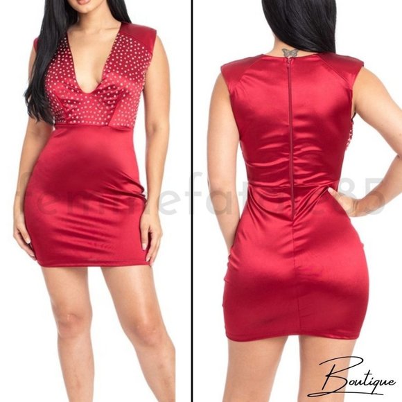 Satin/Silk Crystal Mini Dress Holiday Cocktail Short sleeve shoulder pads - Picture 6 of 15